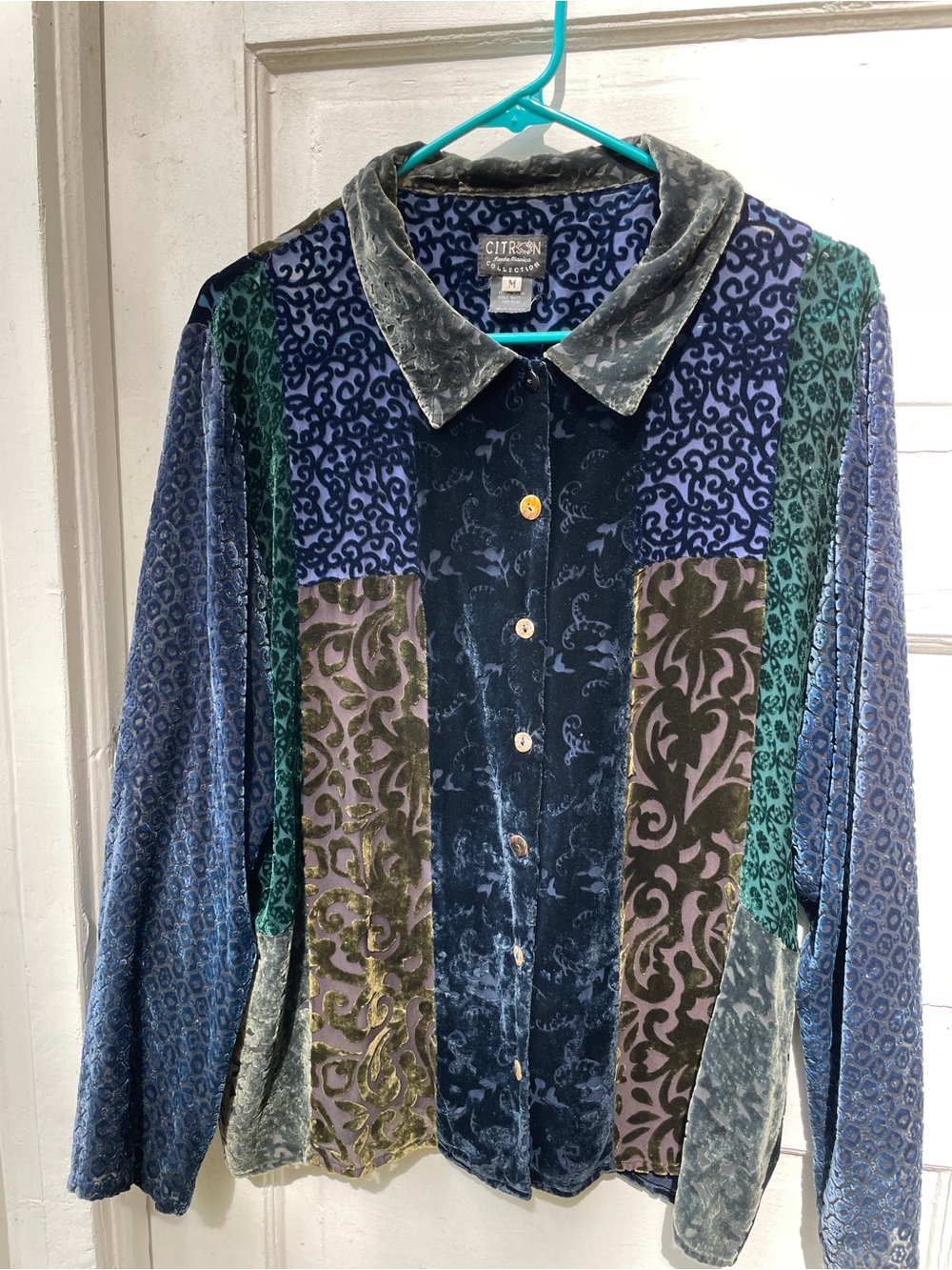 Citron Multicolor Silk Velvet Patchwork Button-Up Blouse - Blue/Green